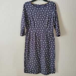 Boden Cotton Floral Grey Dress Crew Shift Pockets 3/4 Sleeve White Size 6R